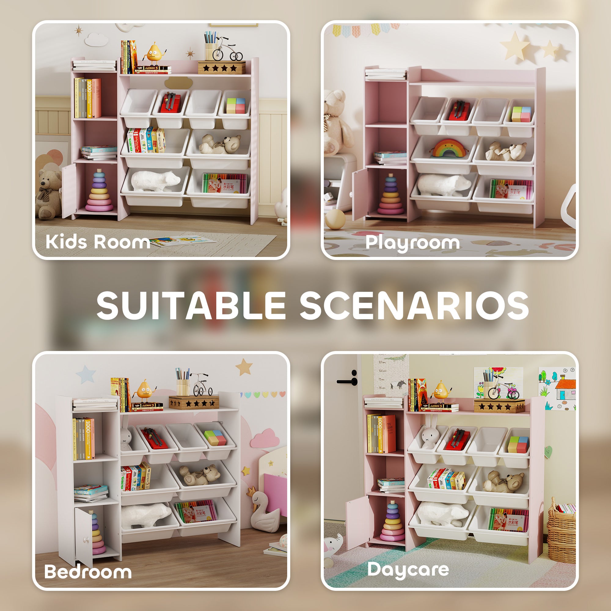 AIYAPLAY Toy Storage Unit with 8 Removable Bins, Storage Shelves, Cabinet, Pink 