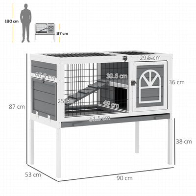 PawHut Wooden Rabbit Hutch, Guinea Pig Cage, with Removable Tray, Openable Roof, Grey 