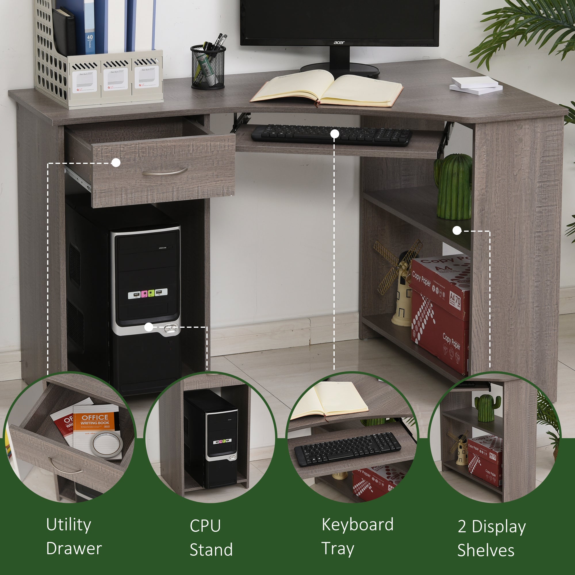 HOMCOM L-Shaped Corner Computer Desk w/ 2 Shelves Wide Worktop Keyboard Tray Drawer & CPU Stand Home Office Study Bedroom Furniture Grey 