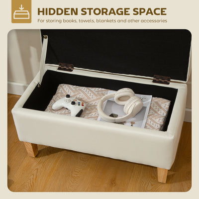 HOMCOM 30L Linen Storage Ottoman Padded Footstool with Rubberwood Legs for Storage Box, Bed End, Shoe Bench, Seating, Beige 