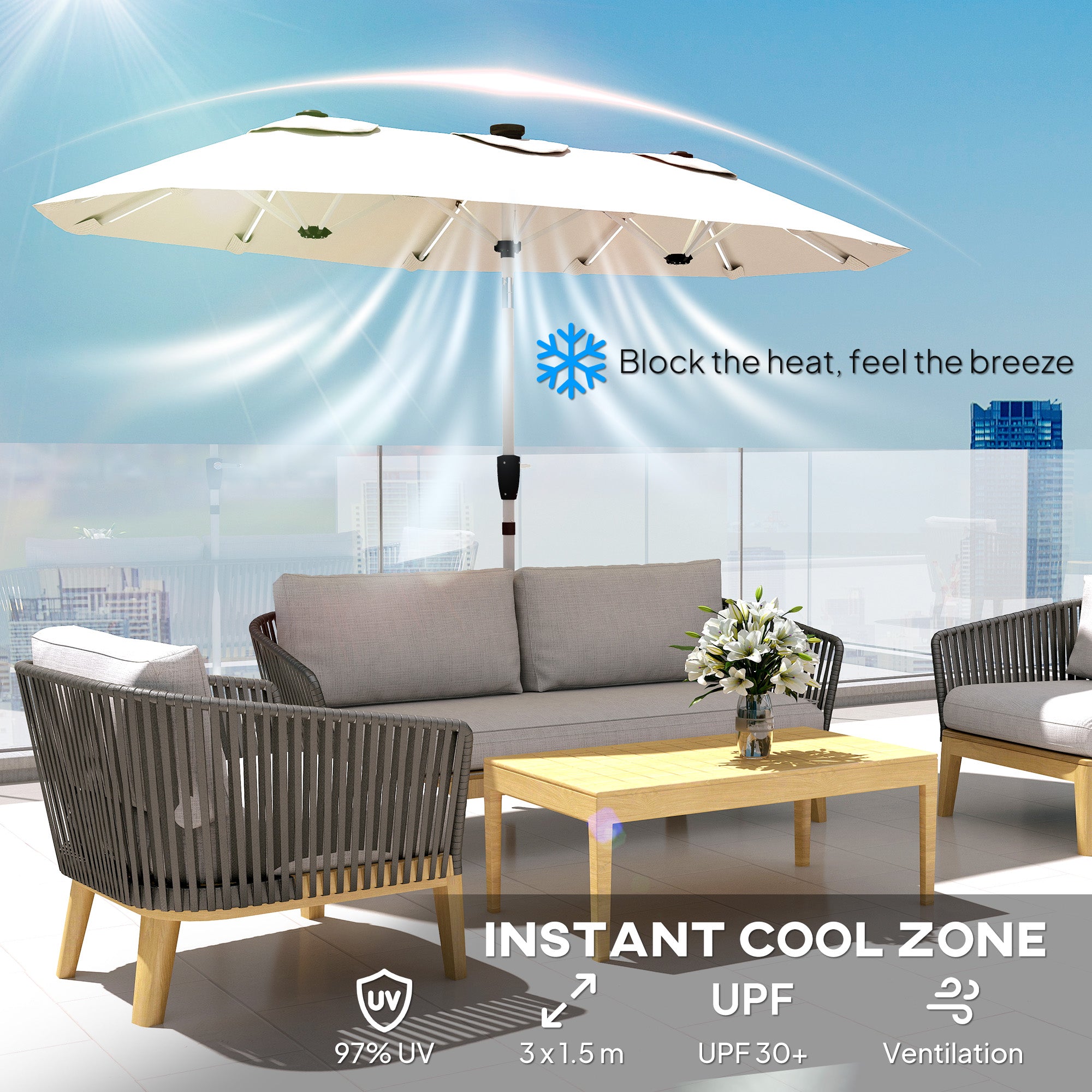 Outsunny 3 m Double-Sided Garden Parasol with LED Solar Lights, Outdoor Extra Large Sun Umbrella with Crank Handle, Cream White 