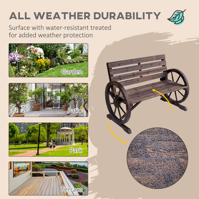 Outsunny 2 Seater Garden Bench with Wooden Cart Wagon Wheel Rustic High Back Brown 