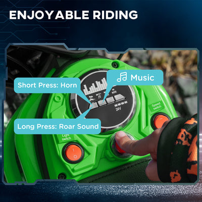 HOMCOM 24V Electric Motorbike with Twist Grip Throttle, Music, Horn, 12" Pneumatic Tyres, 16km/h Max Speed - Green 
