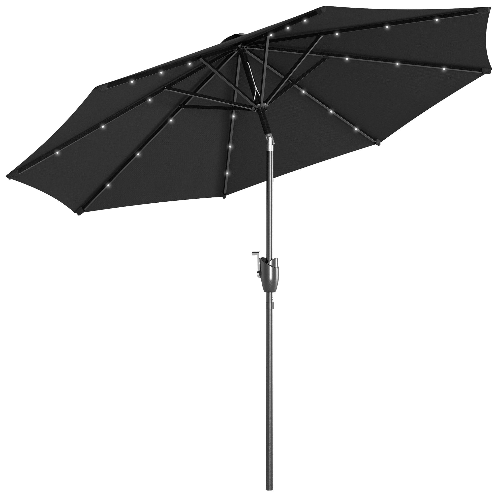 Outsunny \'ce\'a62.7m Garden Parasol Solar Outdoor Tilt Sun Umbrella Patio Sun Shade w/ 24 LED Light, Hand Crank and 8 Ribs, Black
