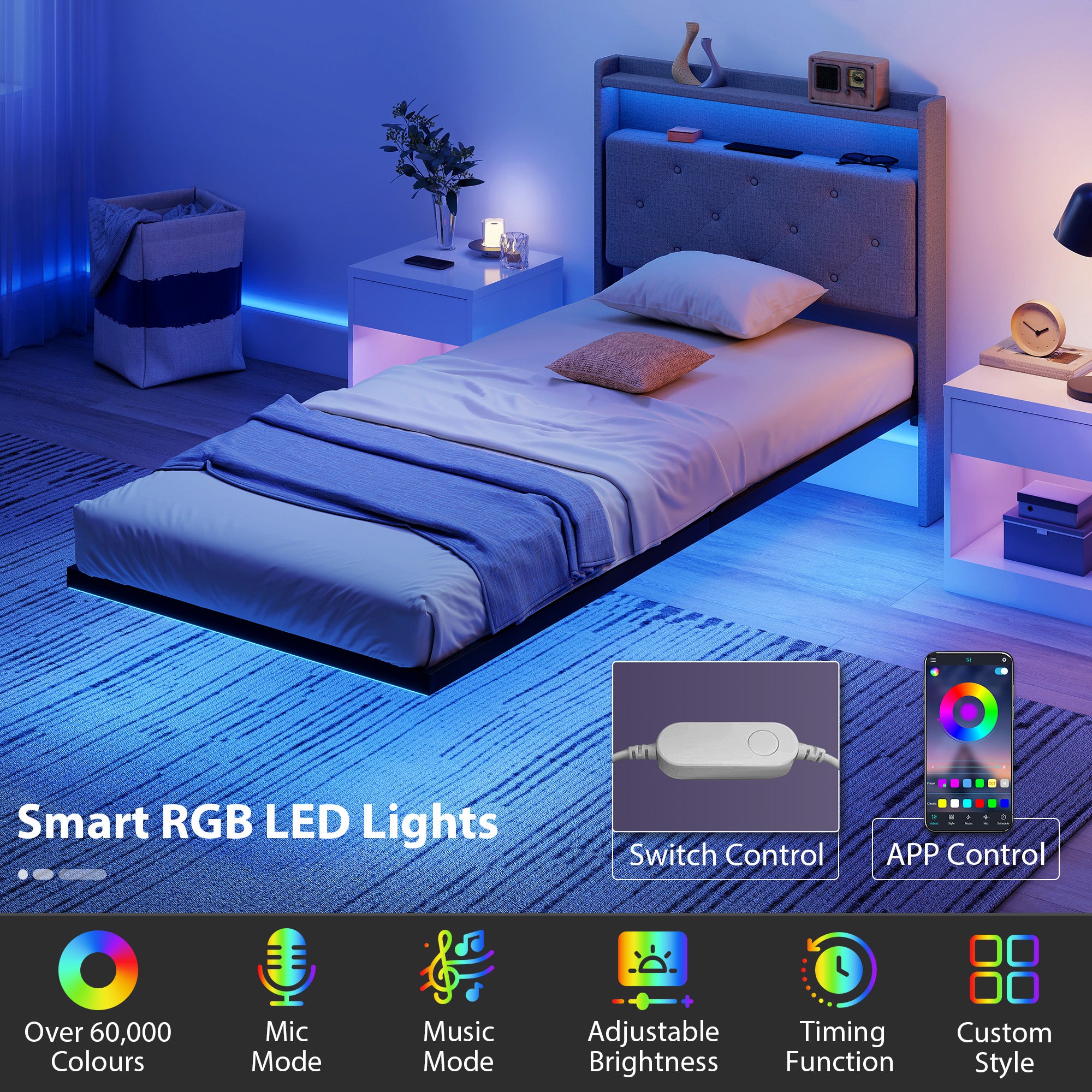HOMCOM Floating Bed Frame, Upholstered 3ft Single Size Bed, Platform Bed with RGB LED Lights and Charging Station, Grey 