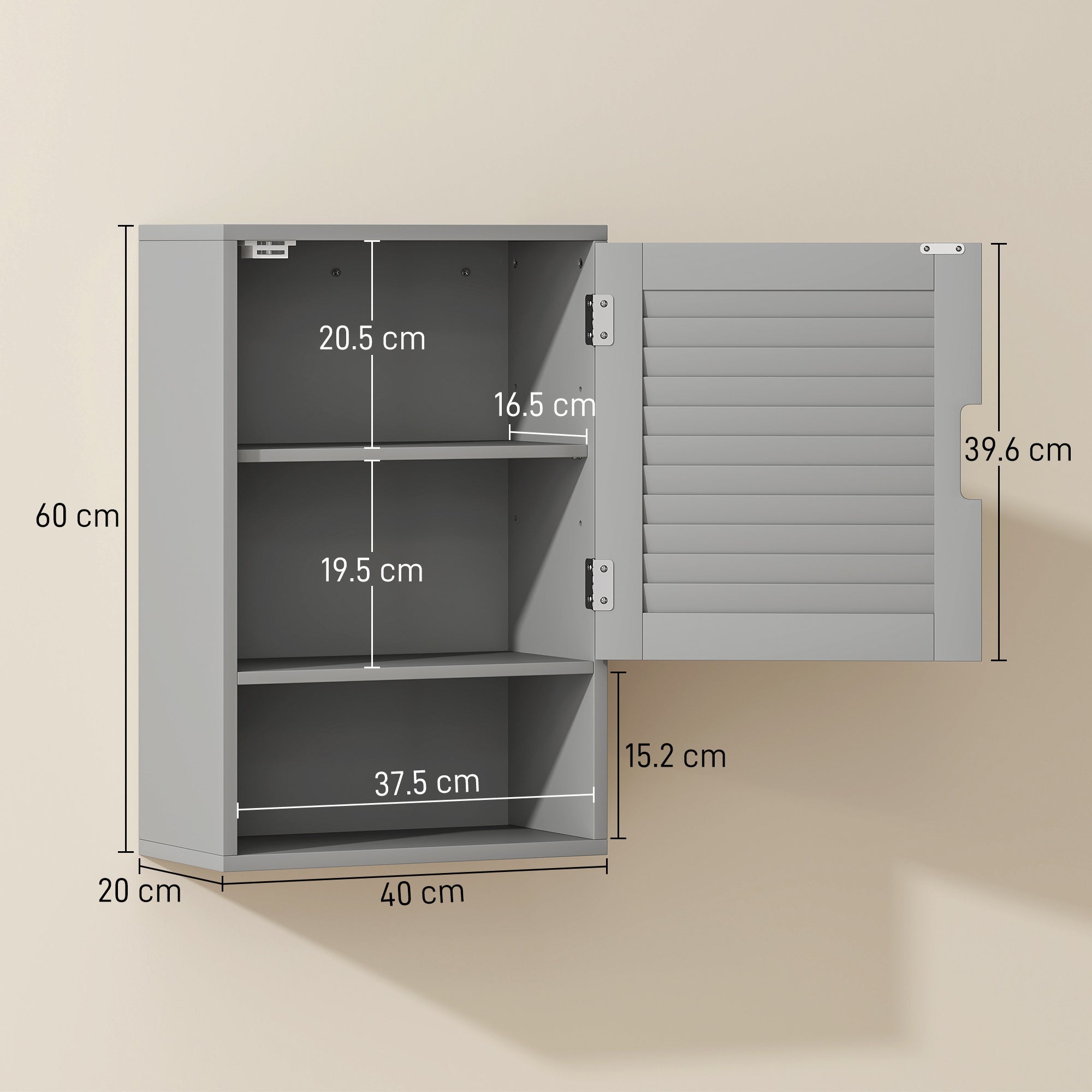 HOMCOM Bathroom Cabinet, Wall Mounted Storage Cabinet with Adjustable Shelves, 40 x 20 x 60 cm, Grey 