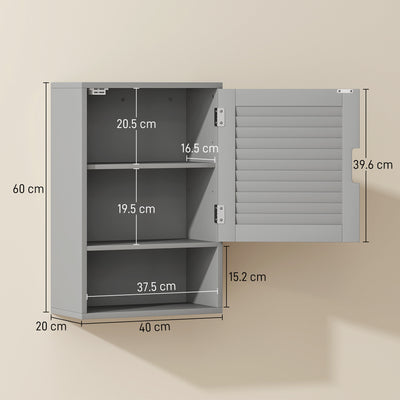 HOMCOM Bathroom Cabinet, Wall Mounted Storage Cabinet with Adjustable Shelves, 40 x 20 x 60 cm, Grey 