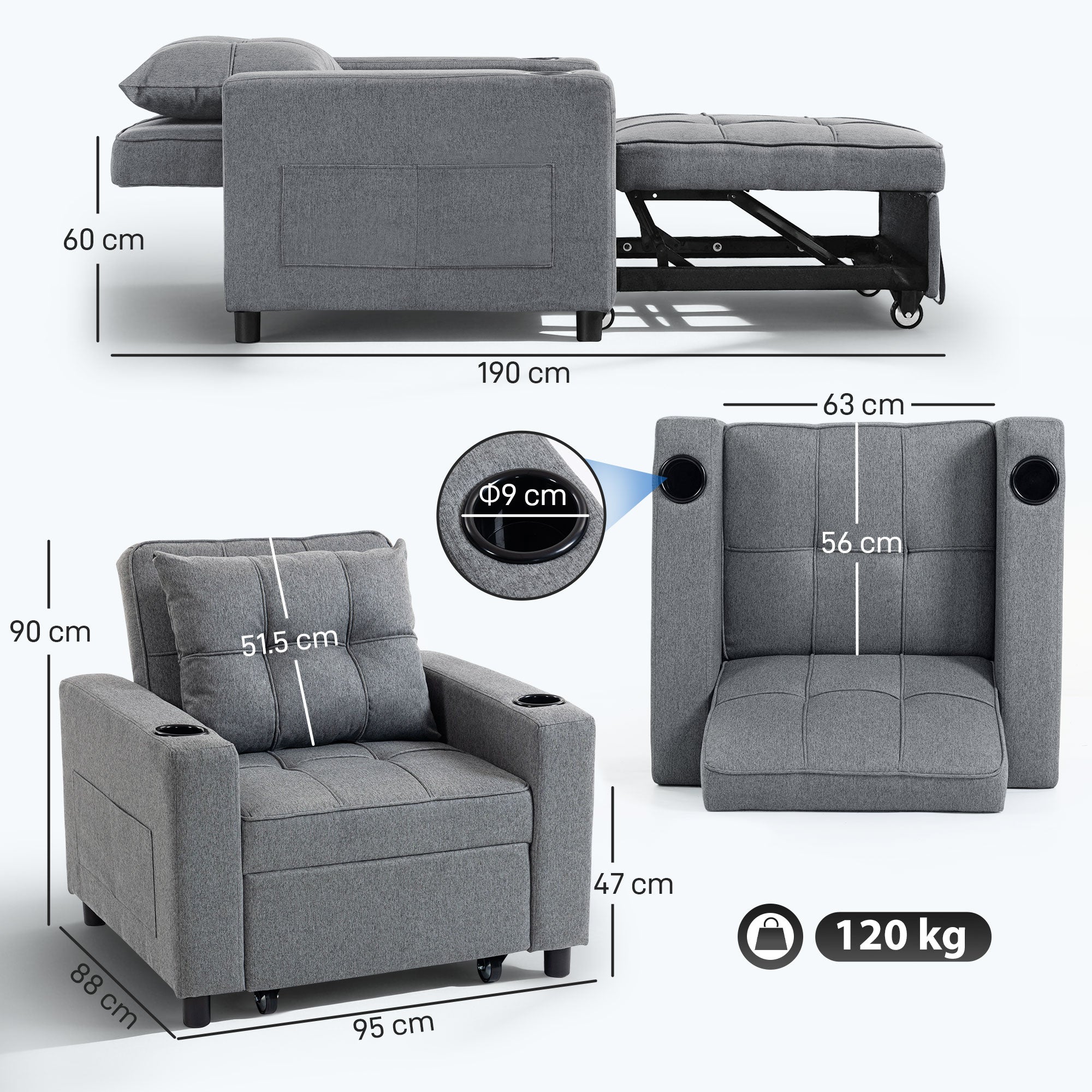 HOMCOM 3-in-1 Single Sofa Bed, Convertible Sleeper Chair Bed - Dark Grey 