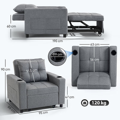 HOMCOM 3-in-1 Single Sofa Bed, Convertible Sleeper Chair Bed - Dark Grey 