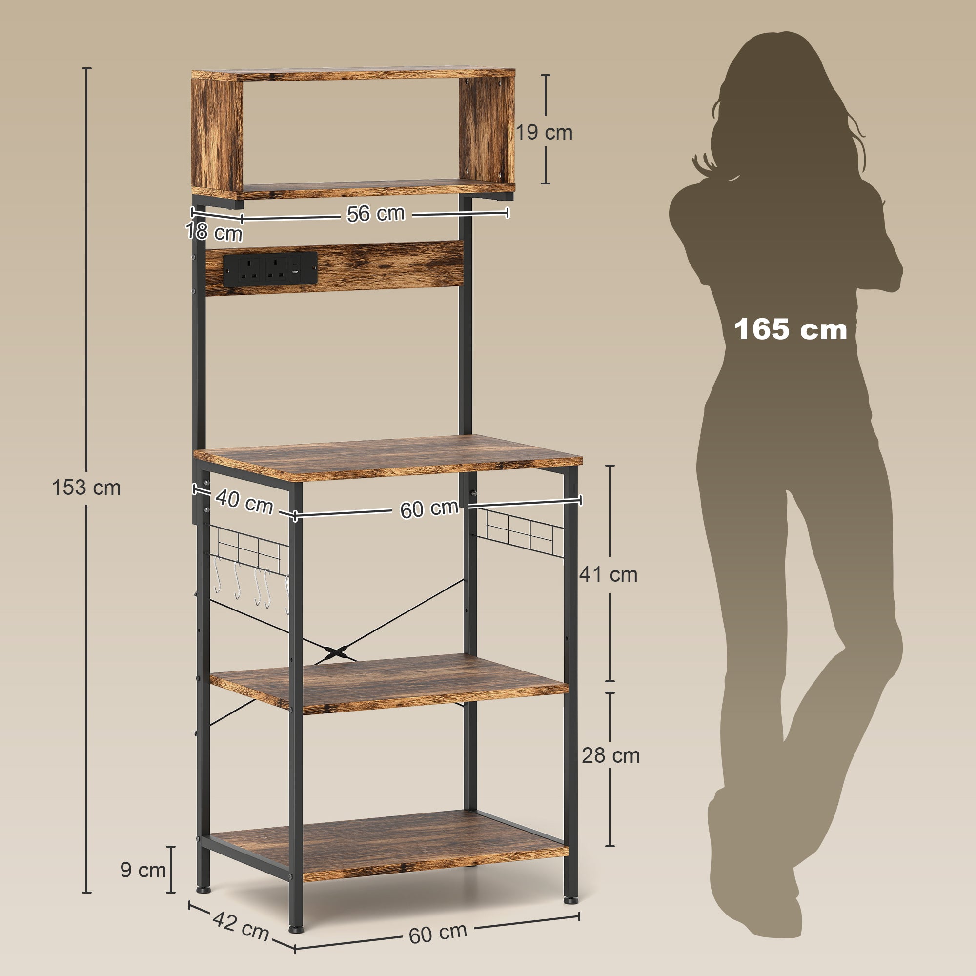 HOMCOM Kitchen Storage Rack, Bakers Rack with Power Outlet, USB Charger, Rustic Brown 