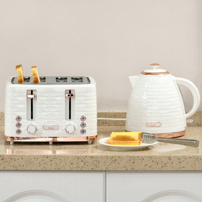 HOMCOM Kettle and Toaster Sets, 3000W 1.7L Rapid Boil Kettle & 4 Slice Toaster with 7 Browning Controls, Defrost, Reheat and Crumb Tray, Otter thermostat, Cream White 