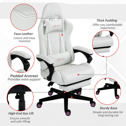 Vinsetto Computer Gaming Chair with Footrest, Video Gaming Chair for Adults with 130\'c2\'b0 Reclining Back, Desk Chair with Lumbar Support and Adjustable Height, White