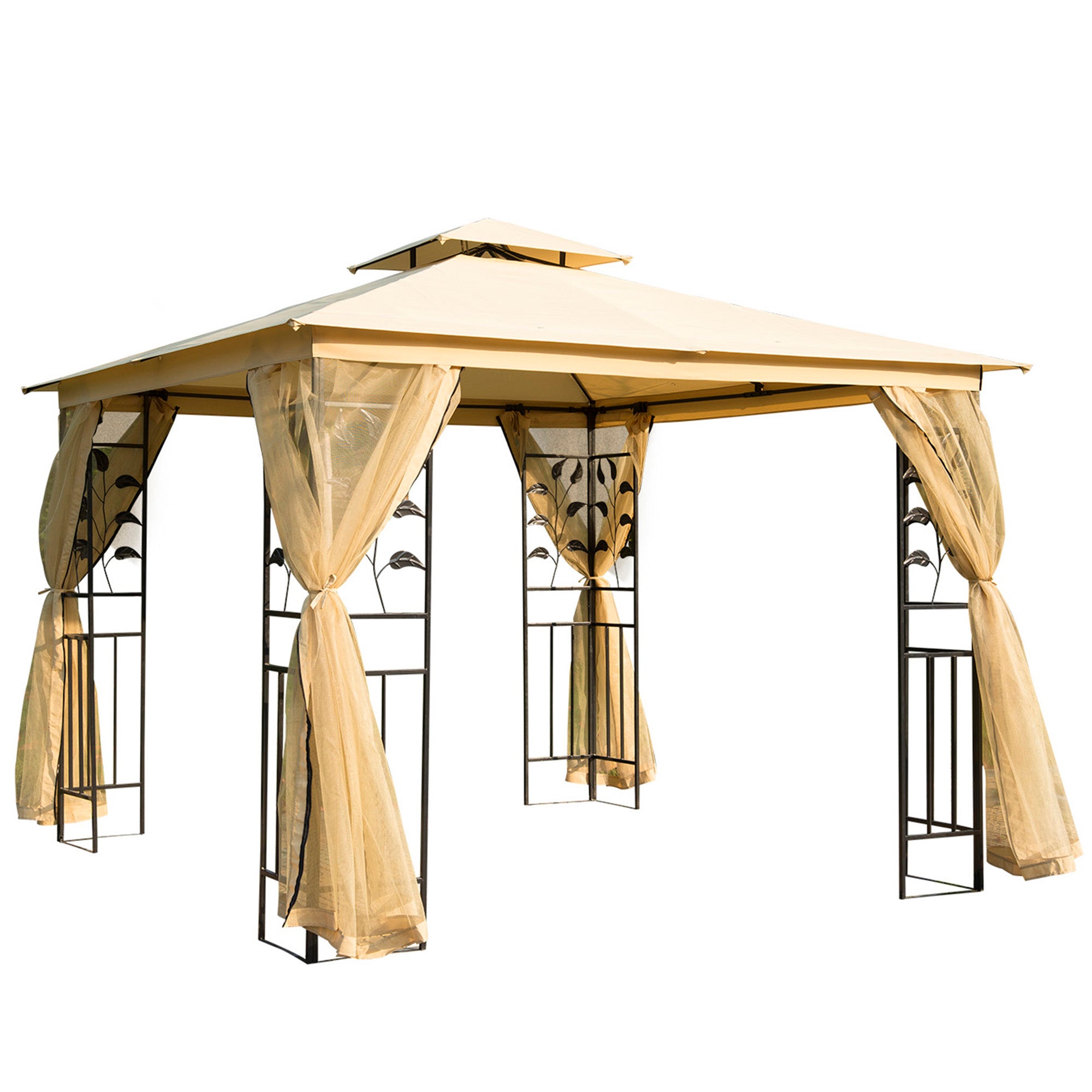 Outsunny 3(m) x 3(m) Garden Gazebo, Double Roof Outdoor Gazebo Canopy Shelter with Netting, Solid Steel Frame, for Garden, Lawn and Deck, Beige 