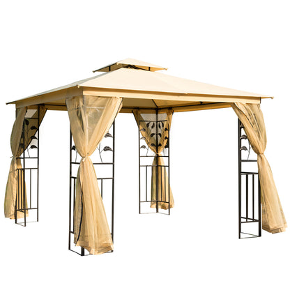 Outsunny 3(m) x 3(m) Garden Gazebo, Double Roof Outdoor Gazebo Canopy Shelter with Netting, Solid Steel Frame, for Garden, Lawn and Deck, Beige 