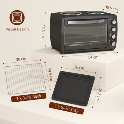 HOMCOM 36L Small Oven with 2 Hot Plates, Countertop Toaster Oven, Grill, Roast, Bake, Boil, with Timer, Adjustable Temperature, Electric Oven with Baking Tray, Grill Rack, Crumb Tray, 2600W, Black 