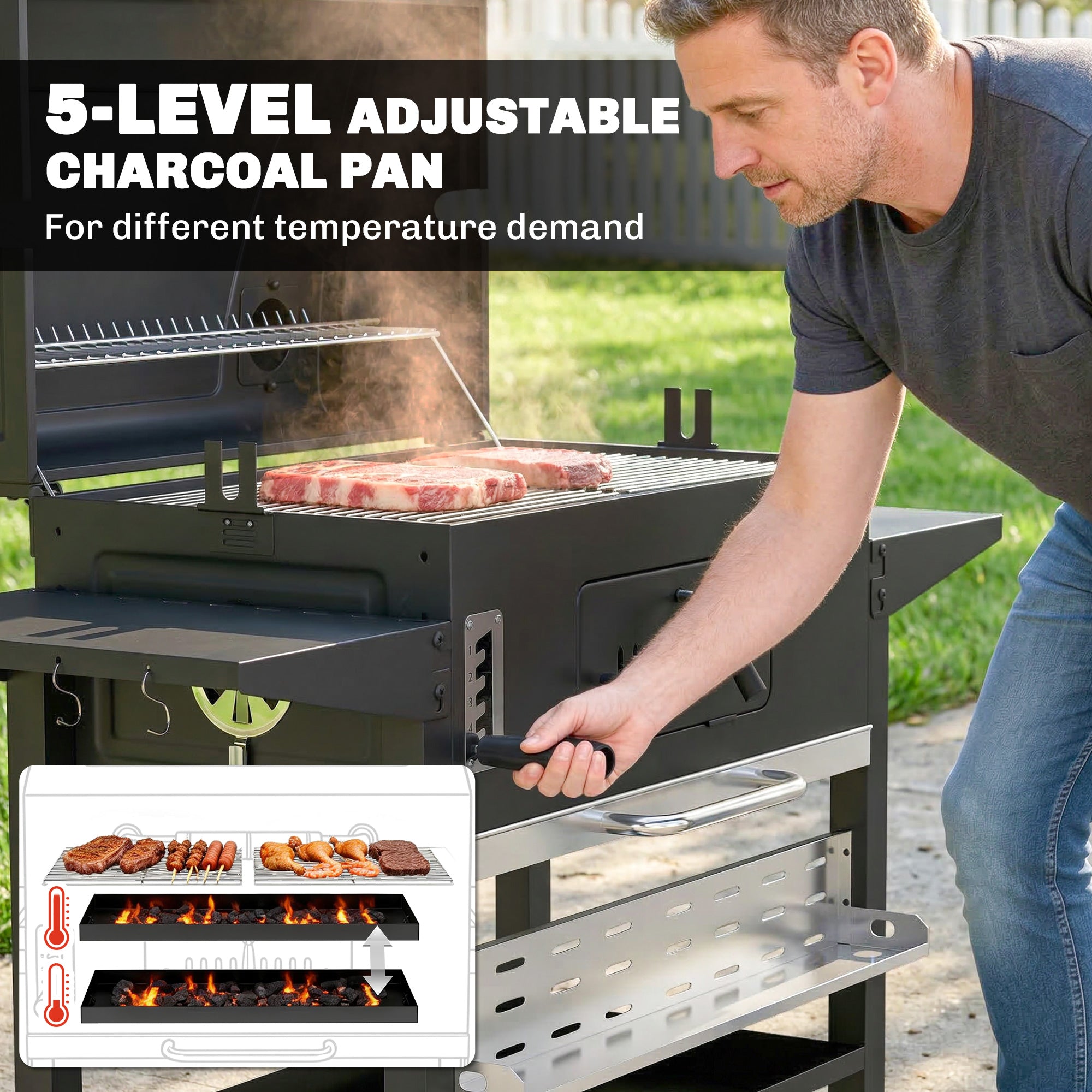 Outsunny Charcoal BBQ Grill Smoker with Electric Rotisserie Kit, Portable Barbecue Grill with Warming Rack, Black 