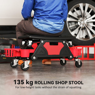 HOMCOM Rolling Mechanic Stool, 135kg Capacity Workshop Stool with 360° Swivel Wheels, Roller Creeper Seat with Slide Out Tool Trays, Drawer, Bottle Holders for Garage, Shop, Auto Repair, Red 