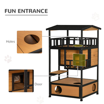 PawHut Wooden Outdoor Cat House 3-Tier for Winter Kitten Shelter Lodge w/ Tilted Roof Terrace Jump Step Bottom Tray Elevated Base Waterproof Paint Yellow 