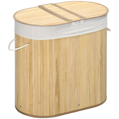 HOMCOM Bamboo Laundry Basket with Lid, 100 Litres Laundry Hamper with 2 Sections, Removable Washable Lining, Washing Baskets, 62.5 x 37 x 60.5cm, Natural 
