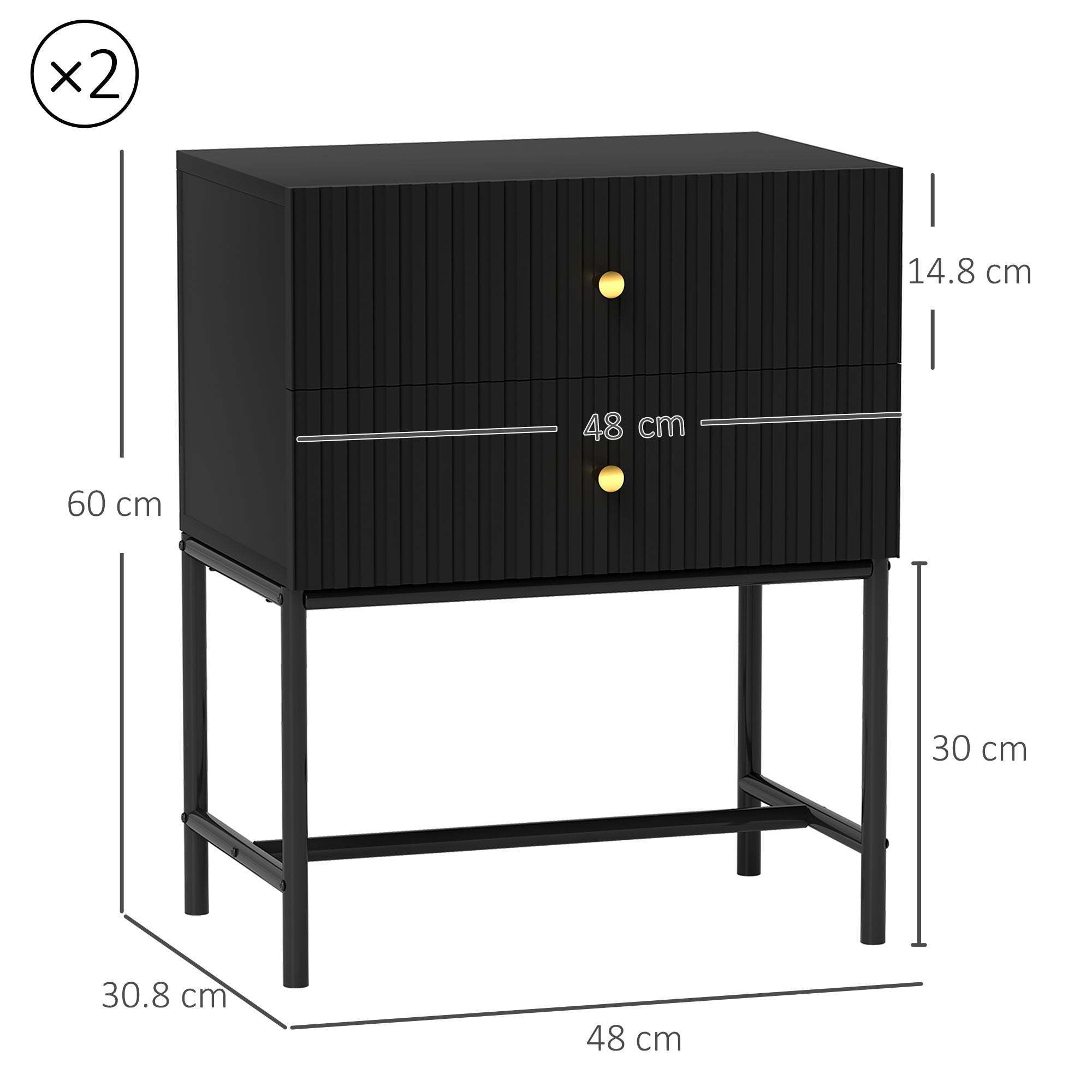 HOMCOM Elegant Two-Drawer Bedside Table Set of 2 - Black 