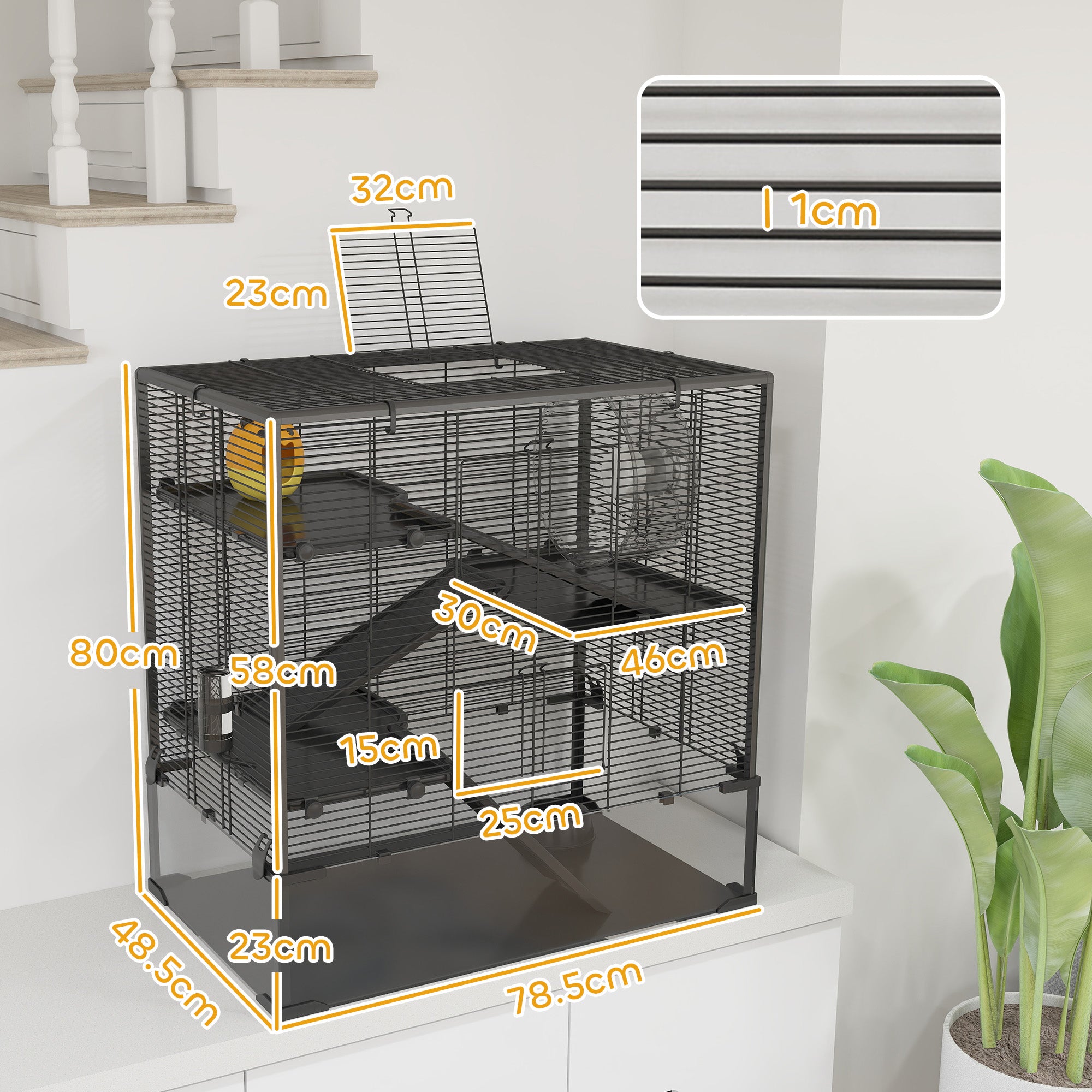 PawHut 4 Tiers Hamster Cage with Deep Tempered Glass Bottom, Hut, Running Wheel, Food Dish, Water Bottle, 78.5 x 48.5 x 80cm 