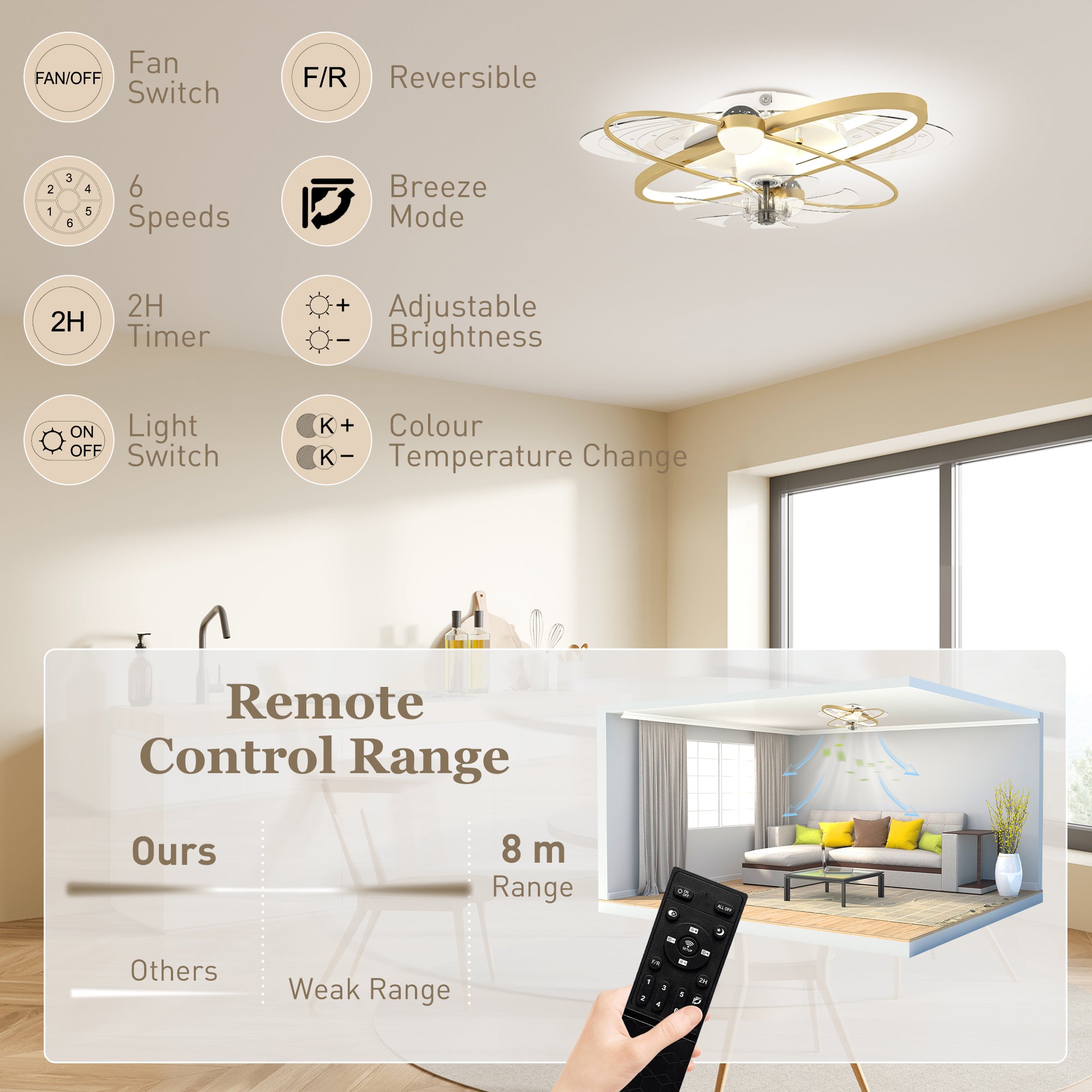 HOMCOM Ceiling Fan with Light and Remote, 3 Colour Temperatures, LED Mount Ceiling Fan Light for Bedroom, Gold Tone 