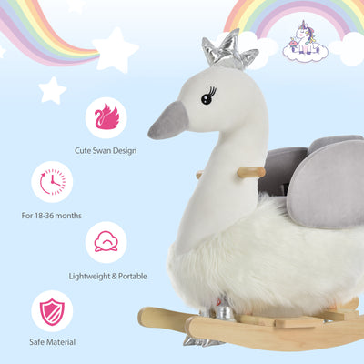 HOMCOM Kids Children Rocking Horse Plush Ride On Swan w/ Sound Wood Base Seat Safety Belt Toddler Baby Toy Rocker 18 - 36 Months 