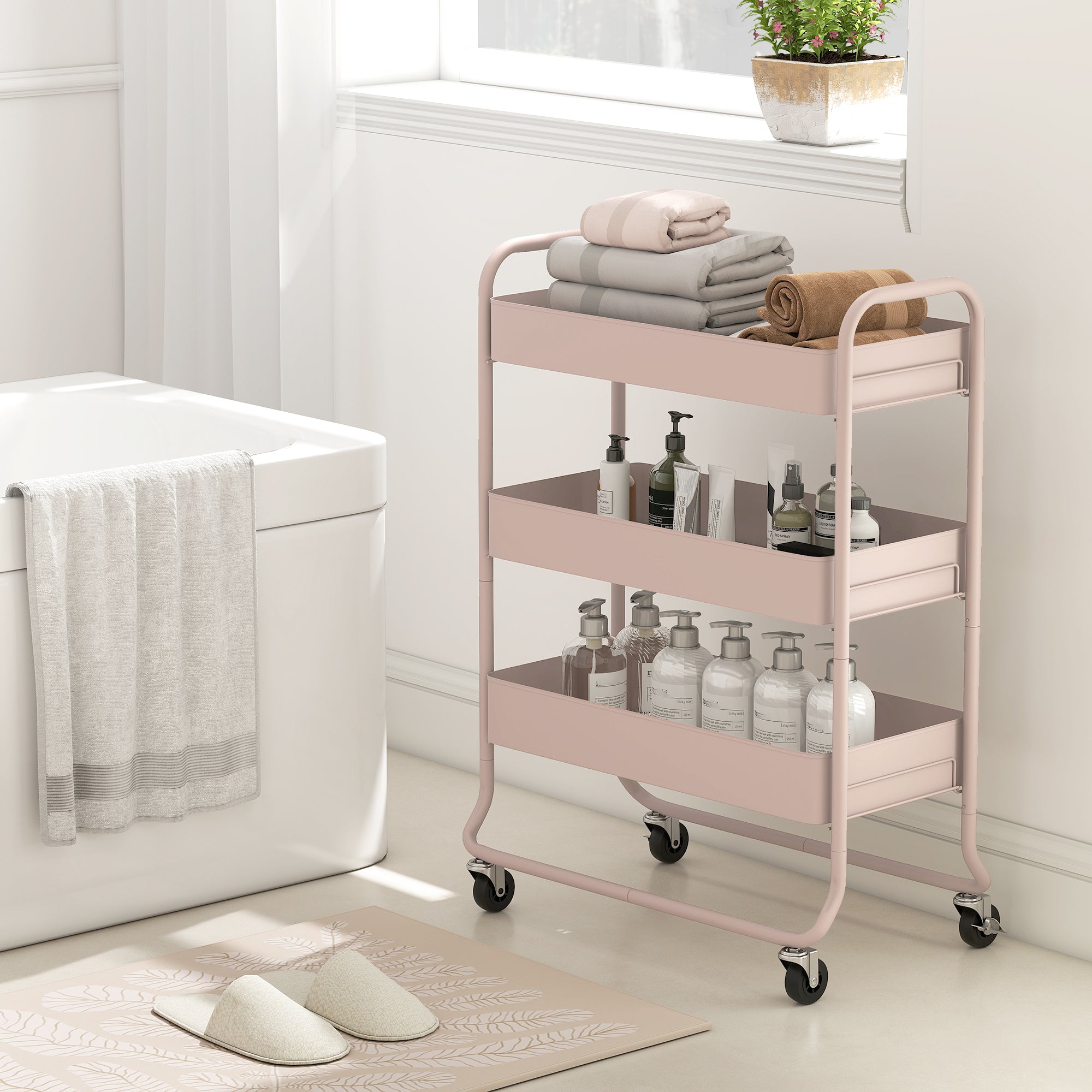 HOMCOM 3-Tier Storage Trolley on Wheels, Rolling Utility Cart with Mesh Backets for Kitchen, Bathroom, Bedroom, Light Pink 
