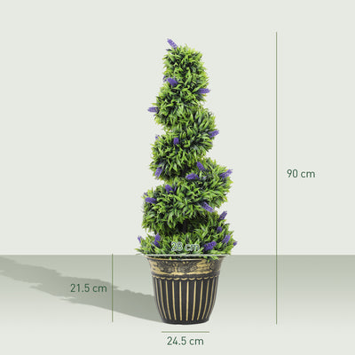 HOMCOM Set of 2 Decorative Artificial Plants, Boxwood Spiral Topiary Tree with Lavender and Pot, Fake Plants for Home Indoor Outdoor Decor, 90cm 