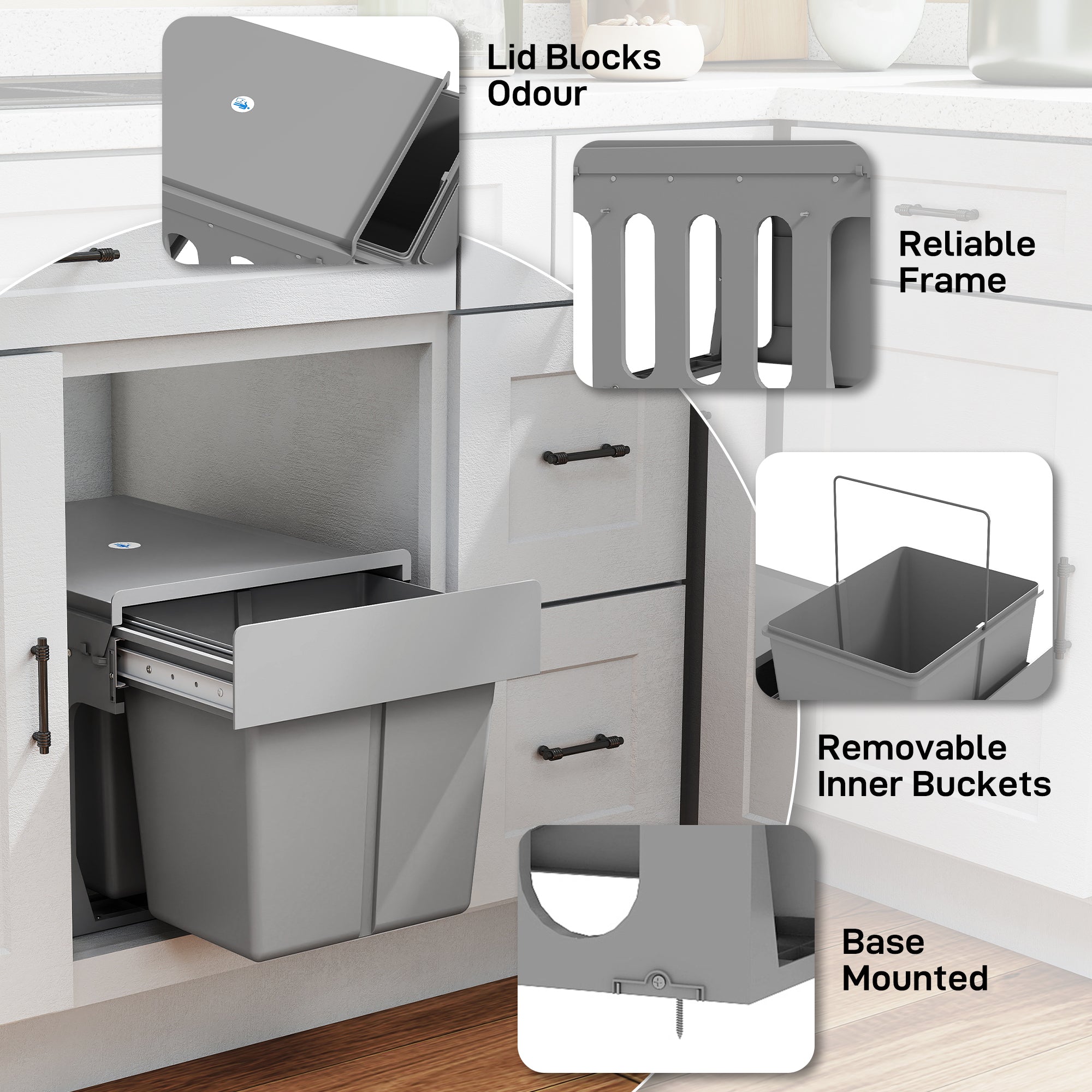 HOMCOM Pull Out Bin, Under Sink Bin - 2 Removable Compartments (15L Each) for 400mm Cabinets, Light Grey 