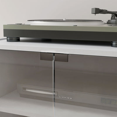 HOMCOM 4-Tier Hi-Fi Stand, Record Player Stand with Adjustable Shelves and Push-to-Open Glass Doors, White Wood-Effect