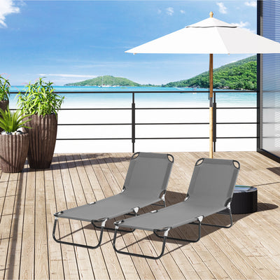 Outsunny 2 Piece Foldable Sun Loungers with 5-Position Adjustable Backrest, Outdoor Portable Recliner Chaise Lounge Chairs with Breathable Mesh Fabric, Grey 