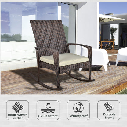 Outsunny PE Rattan Garden Rocking Chair, Outdoor Rocking with Cushion, 160 KG Capacity Wicker Garden Armchair Rocker with Metal Frame for Patio, Porch, Balcony, Brown 
