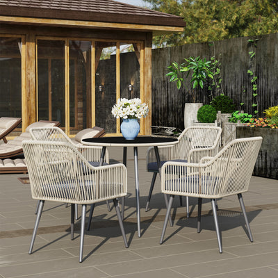 Outsunny 4 Seater Rattan Dining Set, Rattan Garden Furniture Set with Parasol Hole, Outdoor Dining Table and Chairs Set with Cushions, Round Glass Top Table for Patio, Balcony, Light Brown 