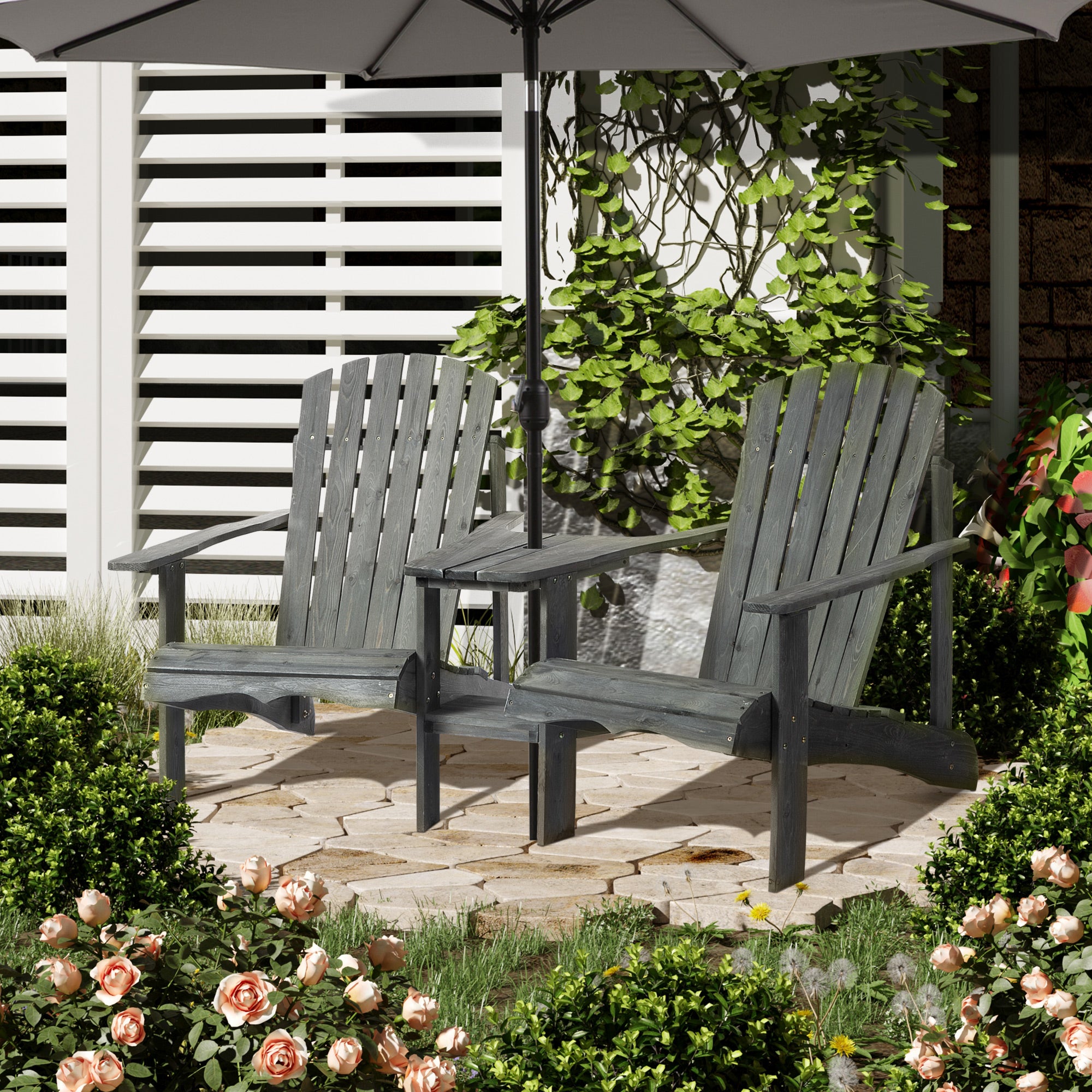 Outsunny Wooden Outdoor Double Adirondack Chairs Loveseat w/ Centre Table and Umbrella Hole, Garden Patio Furniture for Lounging and Relaxing, Grey 