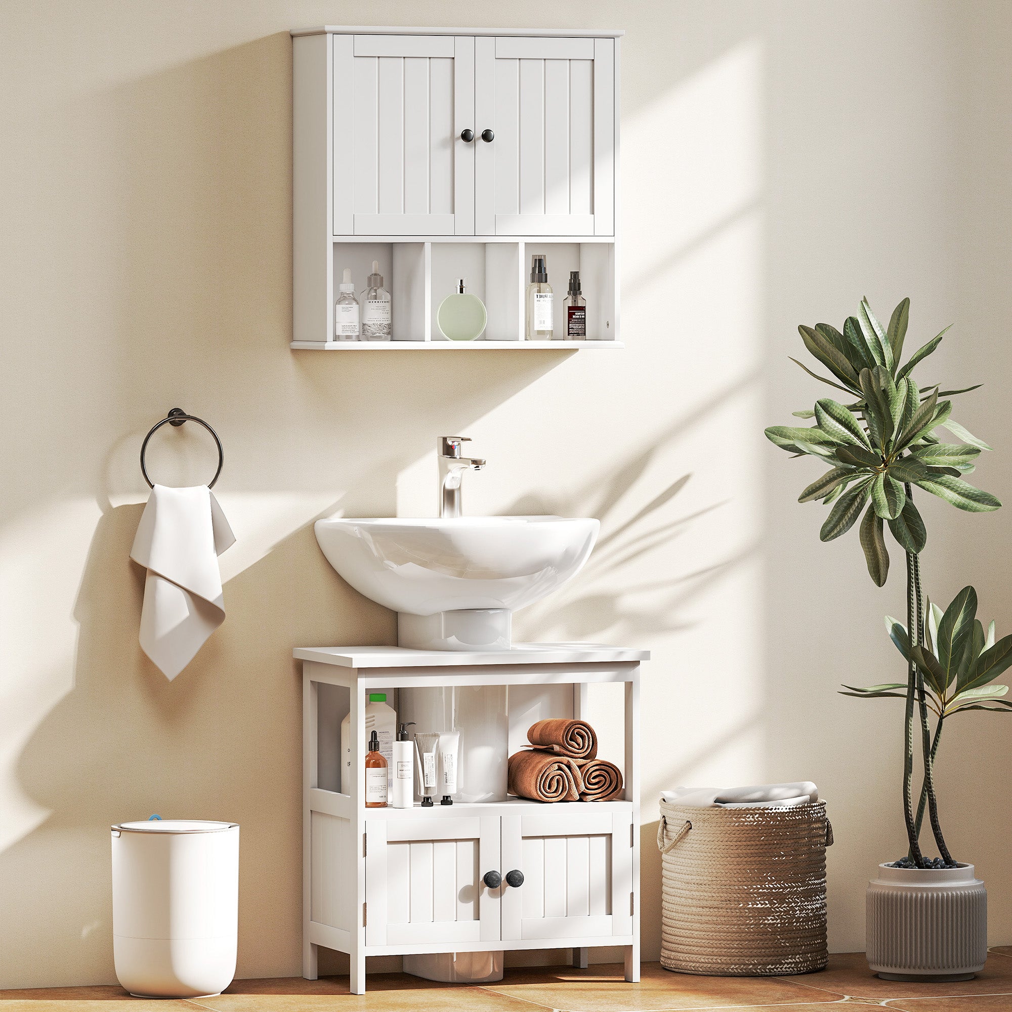 HOMCOM Farmhouse Bathroom Wall Cabinet, Wall Mounted Medicine Cabinet with Adjustable Shelf, Open Compartments, White 