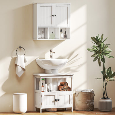 HOMCOM Farmhouse Bathroom Wall Cabinet, Wall Mounted Medicine Cabinet with Adjustable Shelf, Open Compartments, White 