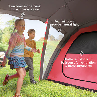 Outsunny 4-6 Man Family Camping Tent w/ 2 Bedrooms and a Living Room, Waterproof Tunnel Tent w/ Sewn In Groundsheet, Doors, Windows, Carry Bag, Grey 
