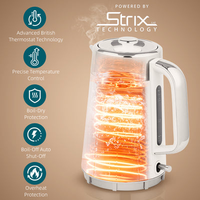 HOMCOM Electric Stainless Steel Kettle and Toaster Set, 3000W 1.7L UK Strix Thermostat Fast Boil Kettle w/ Limescale Filter, Cool Touch Body, 4 Slice Toaster with 7 Browning Levels, Crumb Tray, White 