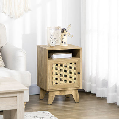 HOMCOM Chest of Drawer with 4 Rattan Drawers, Beside Table with Door, Natural
