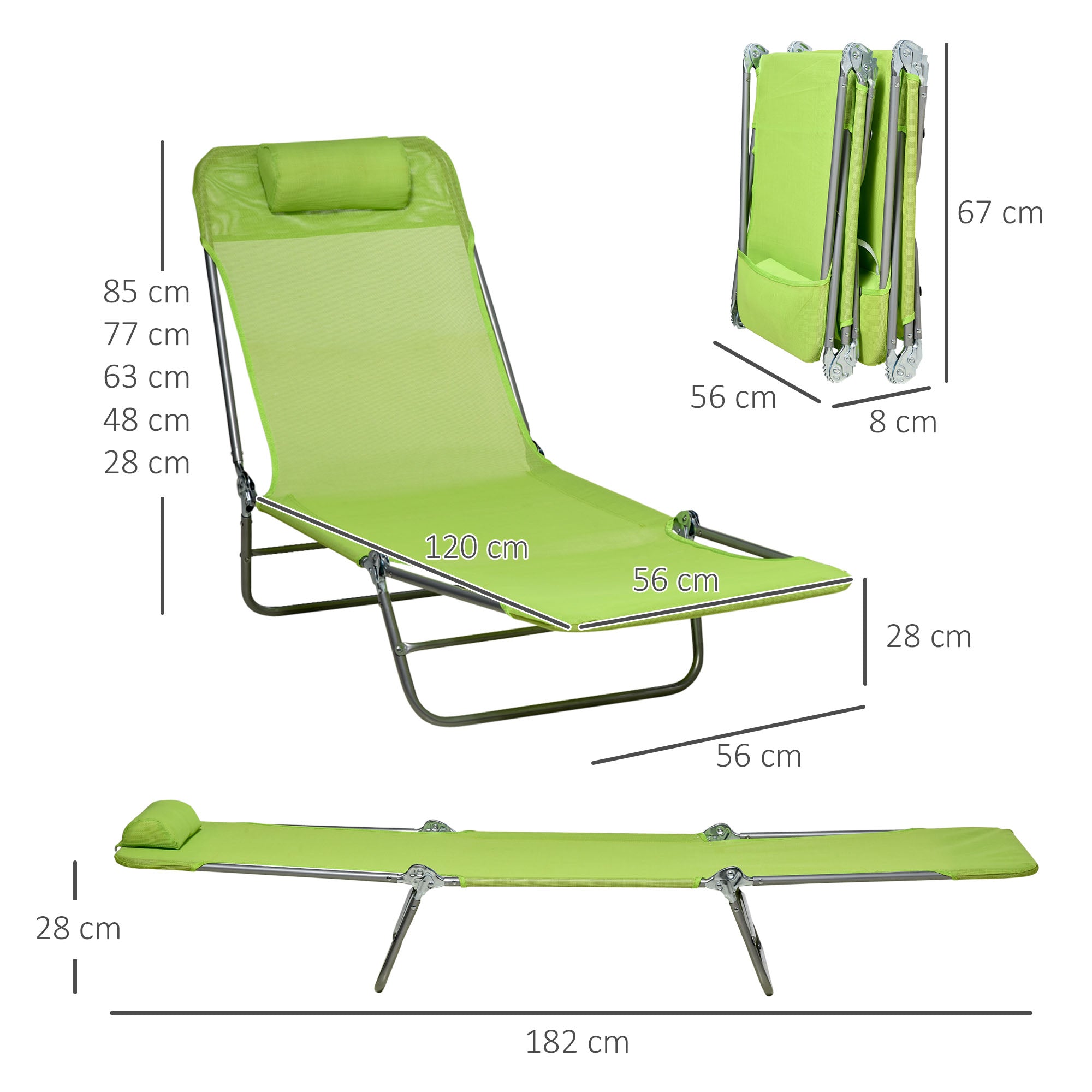 Outsunny Folding Sun Lounger Set of 2, Outdoor Day Beds with Pillow, Reclining Back, Steel Frame and Breathable Mesh for Beach, Yard, Patio, Green