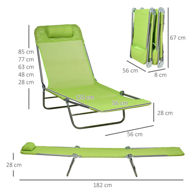 Outsunny Folding Sun Lounger Set of 2, Outdoor Day Beds with Pillow, Reclining Back, Steel Frame and Breathable Mesh for Beach, Yard, Patio, Green 