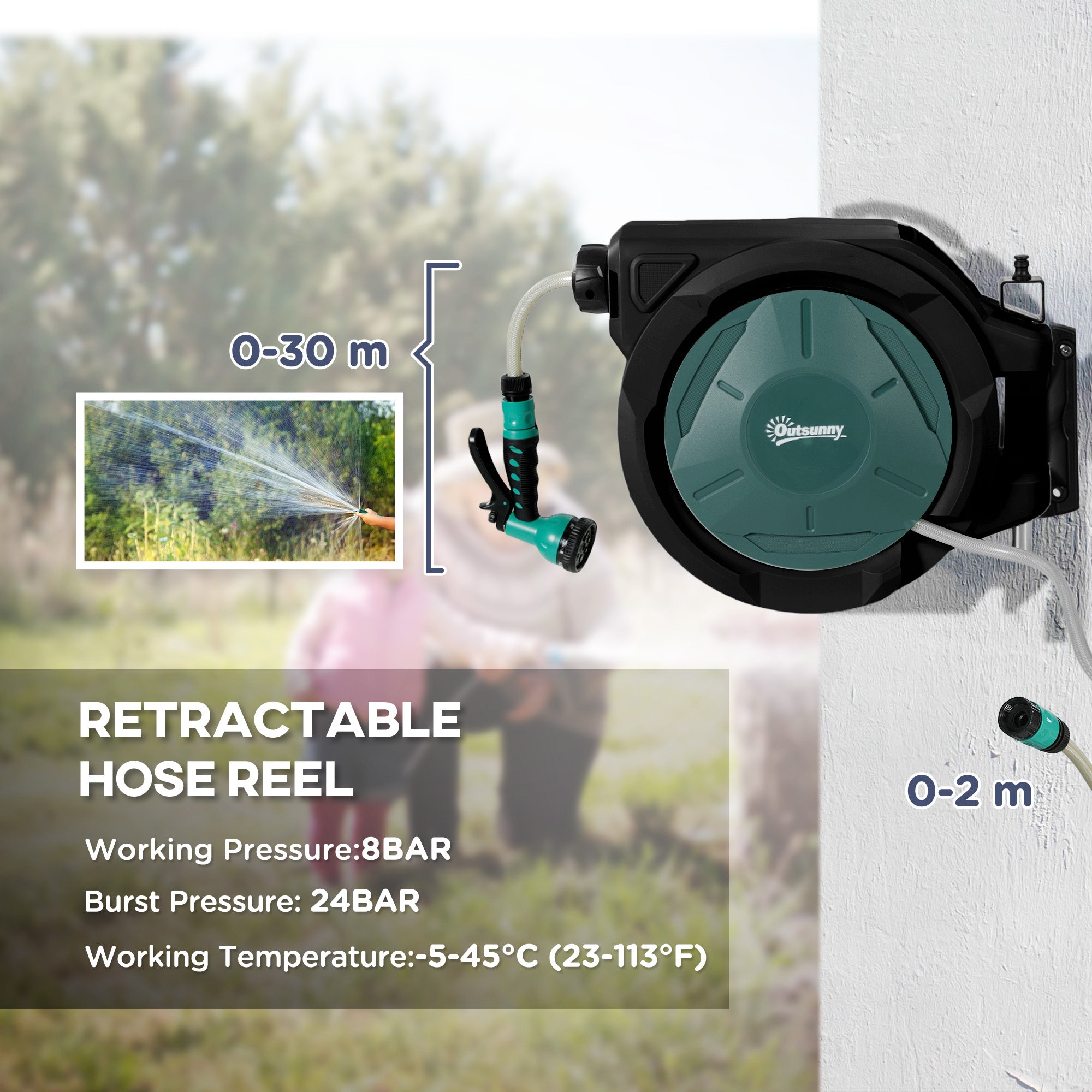 Outsunny Retractable Hose Reel Wall Mounted, 30+2m Garden Hose Pipe Reel with Lock, Auto Rewind, 7 in 1 Spray Nozzle, Includes Wall Fixings, 180° Swivel, Outdoor Watering, 59 x 23 x 42 cm, Green 