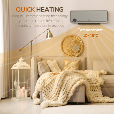 HOMCOM Wall Downflow Heater 2 Heat and Fan 1000W/2000W, Electric Space Heater with Timer Remote Oscillating, for Bedroom Home Office, Grey 