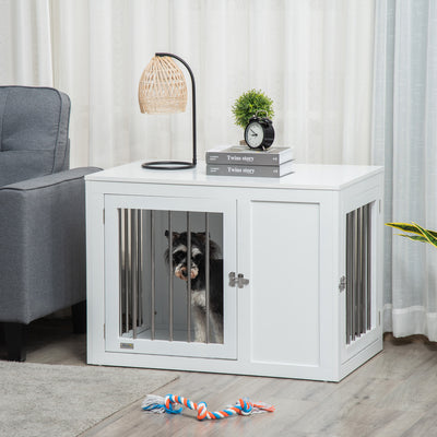PawHut 2-in-1 Dog Cage and Side Table, with Two Lockable Doors, for Medium Dogs - White 