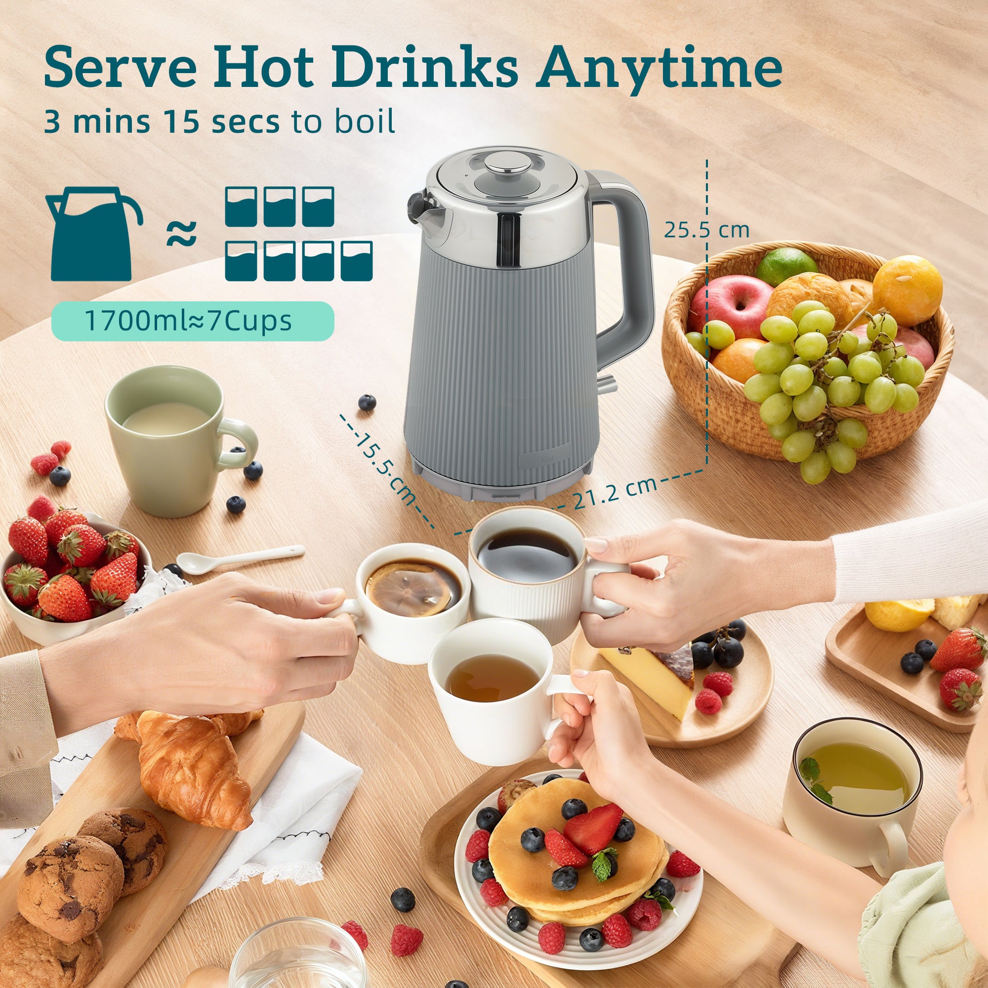 HOMCOM Electric Stainless Steel Kettle and Toaster Set, 3000W 1.7L UK Strix Thermostat Fast Boil Kettle w/ Limescale Filter, Cool Touch Body, 4 Slice Toaster with 7 Browning Levels, Crumb Tray, Tan