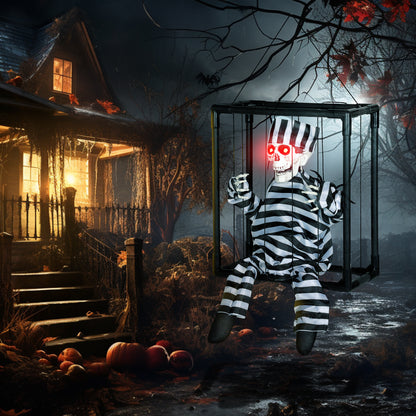 Outsunny Halloween Animated Hinging Skeleton Prisoner in Cage with Glowing LED Eyes, Spooky Skeleton Scary Halloween Decorations, Battery Operated, Indoor Party Props
