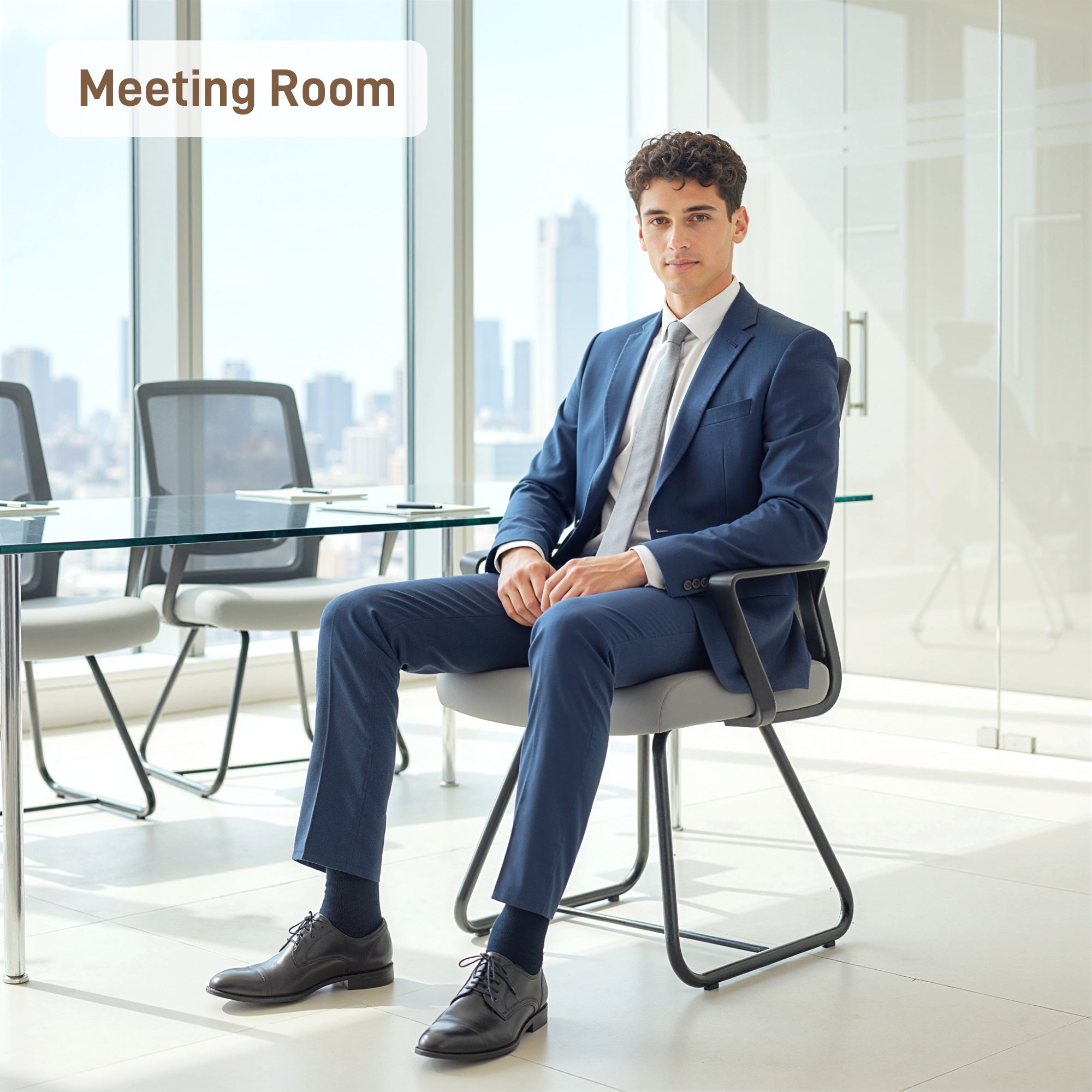 HOMCOM Desk Chair No Wheels, Office Chair with Mesh Back, Lumbar Support, Metal Base for Waiting Room, Conference Room, Dark Grey 