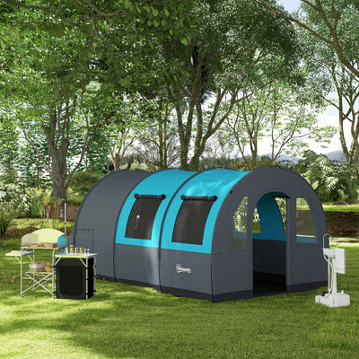 Outsunny Six Man Duo Room Tunnel Tent, with Accessories - Grey/Blue 