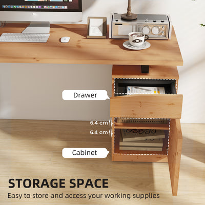 HOMCOM Computer Desk, Writing Desk with Cabinet, Drawer, Metal Legs, Work Table for Home Office Study, Natural Wood Finish 